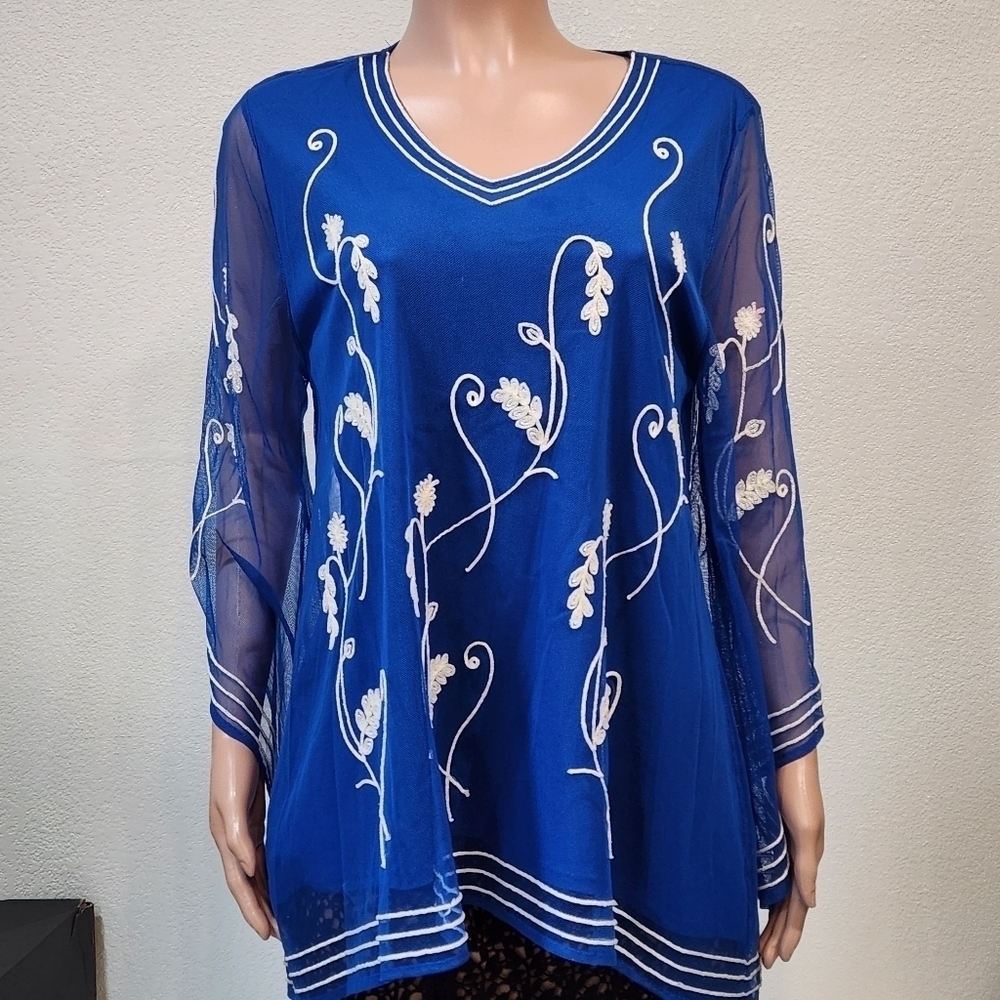 Alfani Blue & White Embroidered Flowy Sheer Lightweight Tunic Size XL